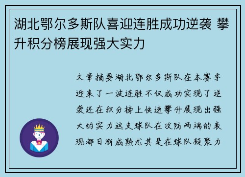 湖北鄂尔多斯队喜迎连胜成功逆袭 攀升积分榜展现强大实力