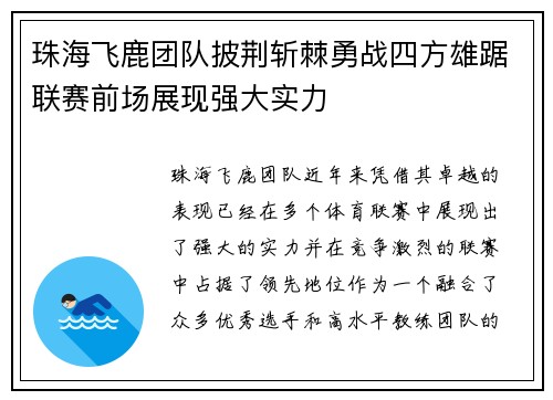 珠海飞鹿团队披荆斩棘勇战四方雄踞联赛前场展现强大实力