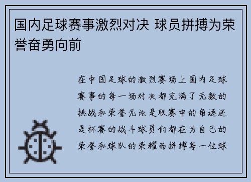 国内足球赛事激烈对决 球员拼搏为荣誉奋勇向前