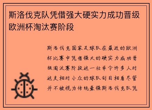 斯洛伐克队凭借强大硬实力成功晋级欧洲杯淘汰赛阶段