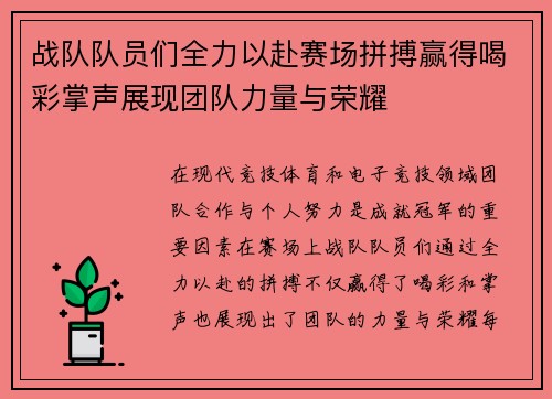 战队队员们全力以赴赛场拼搏赢得喝彩掌声展现团队力量与荣耀