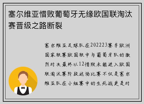 塞尔维亚惜败葡萄牙无缘欧国联淘汰赛晋级之路断裂