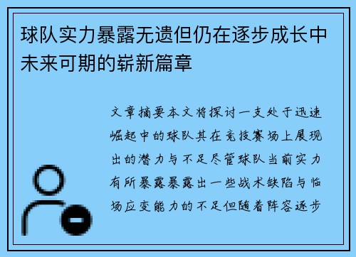 球队实力暴露无遗但仍在逐步成长中未来可期的崭新篇章