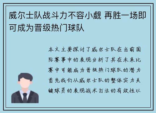 威尔士队战斗力不容小觑 再胜一场即可成为晋级热门球队