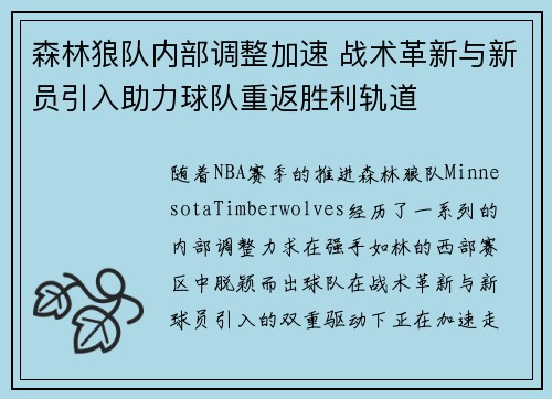 森林狼队内部调整加速 战术革新与新员引入助力球队重返胜利轨道
