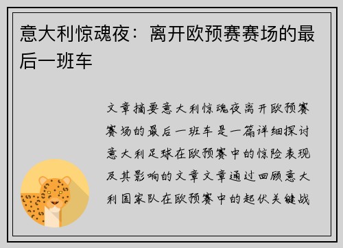 意大利惊魂夜：离开欧预赛赛场的最后一班车
