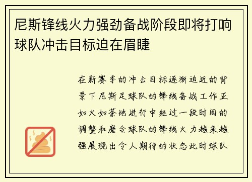 尼斯锋线火力强劲备战阶段即将打响球队冲击目标迫在眉睫