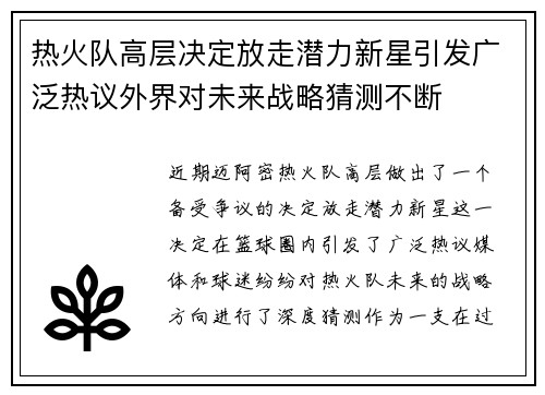 热火队高层决定放走潜力新星引发广泛热议外界对未来战略猜测不断