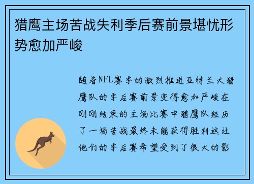猎鹰主场苦战失利季后赛前景堪忧形势愈加严峻